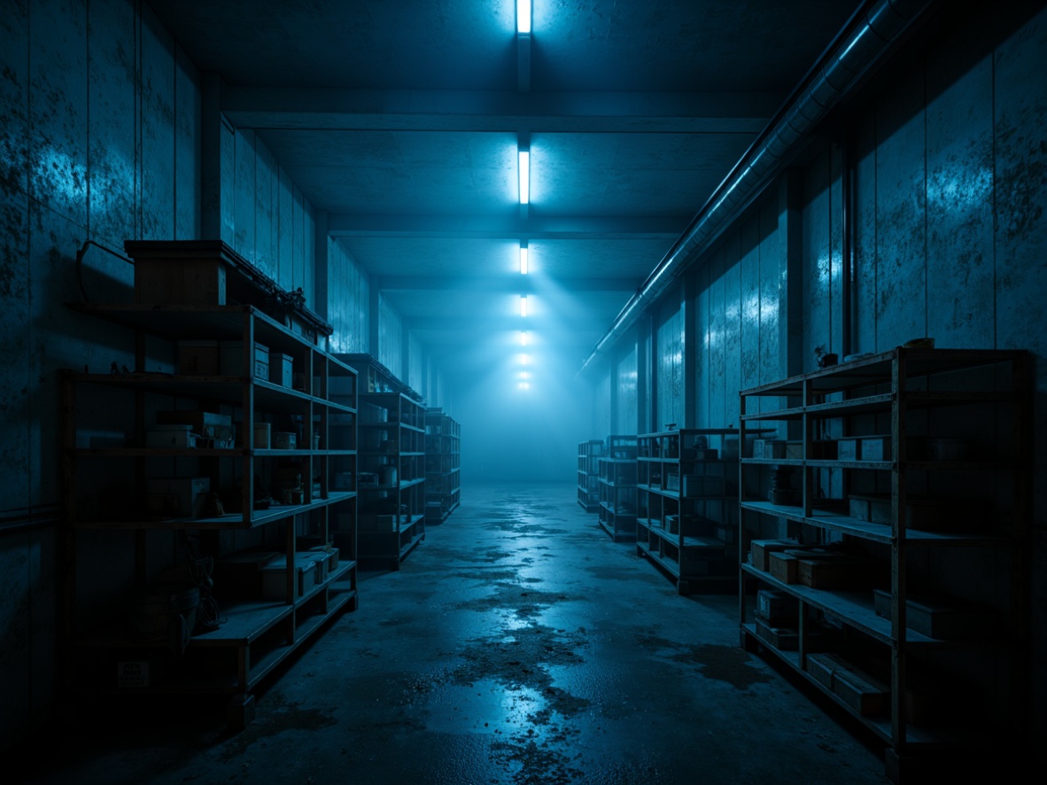 Prompt: \Dramatic storage room, eerie atmosphere, dimly lit, flickering fluorescent lights, industrial metal shelves, rusty pipes, distressed concrete walls, ominous shadows, heavy fog, misty ambiance, cold blue tone, high contrast ratio, intense beam lighting, mysterious spotlighting, abstract geometric patterns, fragmented reflections, distorted silhouettes, 1/1 composition, low-key photography, cinematic mood, avant-garde expression.\