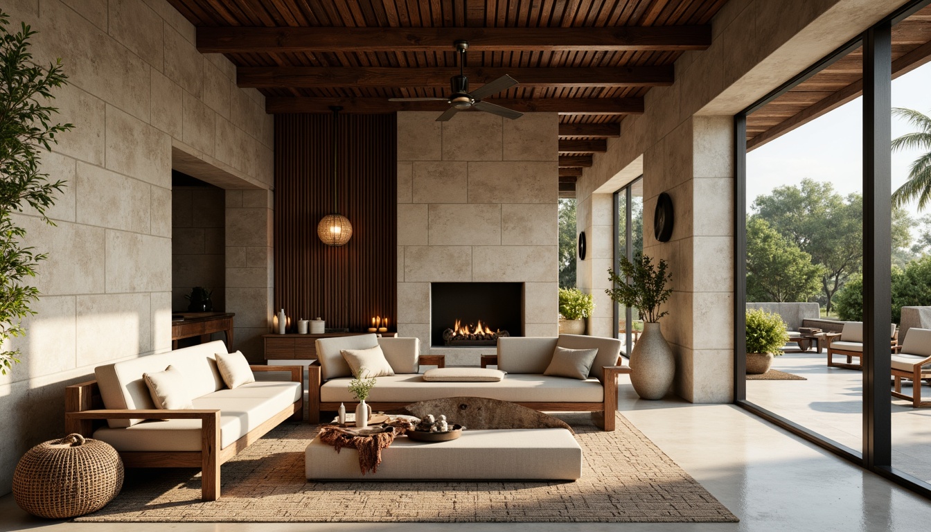 Prompt: Earthy villa interior, brutalist architecture, rough-hewn stone walls, polished concrete floors, industrial metal beams, minimalist decor, monochromatic color scheme, muted earth tones, rich walnut wood accents, bold black steel fixtures, natural textiles, woven rattan furniture, dramatic high ceilings, oversized windows, abundant natural light, warm ambient glow, 1/1 composition, realistic material textures, subtle gradient lighting.