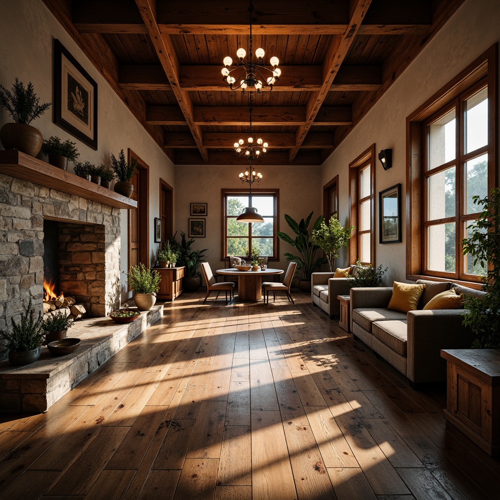 Prompt: Rustic hall interior, wooden flooring, distressed planks, vintage charm, earthy tones, natural textures, stone walls, wooden beams, grand chandelier, cozy fireplace, plush furniture, warm lighting, shallow depth of field, 1/1 composition, realistic materials, ambient occlusion.