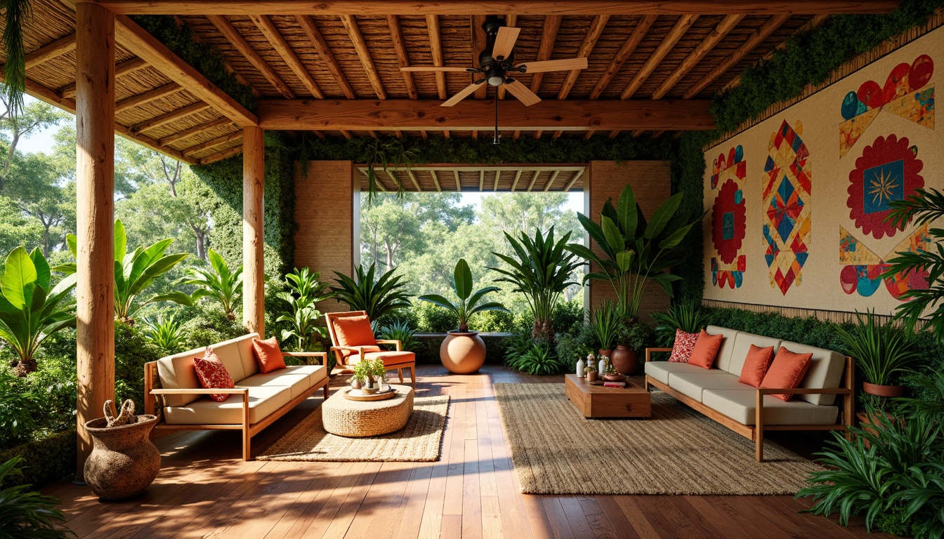 Prompt: Vibrant tropical interior, exotic wood accents, rattan furniture, lush greenery, natural fibers, woven textiles, bold colorful patterns, intricate tribal motifs, bamboo ceiling fans, woven seagrass rugs, jute wall coverings, reclaimed wood floors, earthy terracotta pots, soft warm lighting, 1/1 composition, shallow depth of field, realistic textures, ambient occlusion.