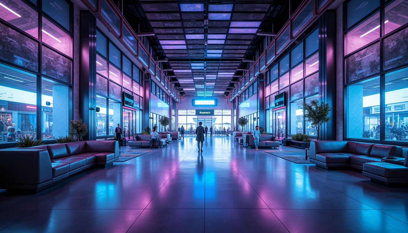 Prompt: Futuristic airport interior, neon-lit corridors, metallic surfaces, holographic displays, sleek glass partitions, minimalist seating areas, high-tech security checkpoints, atmospheric lighting, gradient blue and purple hues, iridescent accents, reflective chrome fixtures, aerodynamic shapes, dynamic LED installations, virtual reality experiences, spacious open-plan lounges, advanced biometric scanning systems, ambient soundscape, shallow depth of field, cinematic composition, futuristic typography, intricate circuit board patterns.