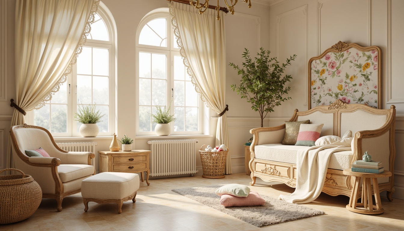 Prompt: Whimsical baby nursery, soft pastel colors, curved lines, organic shapes, flowing floral patterns, ornate wooden crib, intricately carved furniture, velvet upholstery, lace curtains, delicate porcelain vases, antique bronze hardware, creamy marble floors, warm golden lighting, shallow depth of field, 1/1 composition, romantic atmosphere, dreamy misty effects.