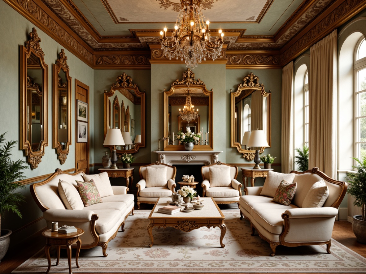 Prompt: Opulent furniture, intricately carved wooden frames, ornate gold leaf details, plush velvet upholstery, curved lines, asymmetrical shapes, luxurious fabrics, soft pastel colors, delicate floral patterns, crystal chandeliers, gilded accents, grandiose scale, lavish decorations, French Renaissance influences, palatial atmosphere, warm golden lighting, shallow depth of field, 1/2 composition, ornate mirrors, intricate inlays, majestic proportions.