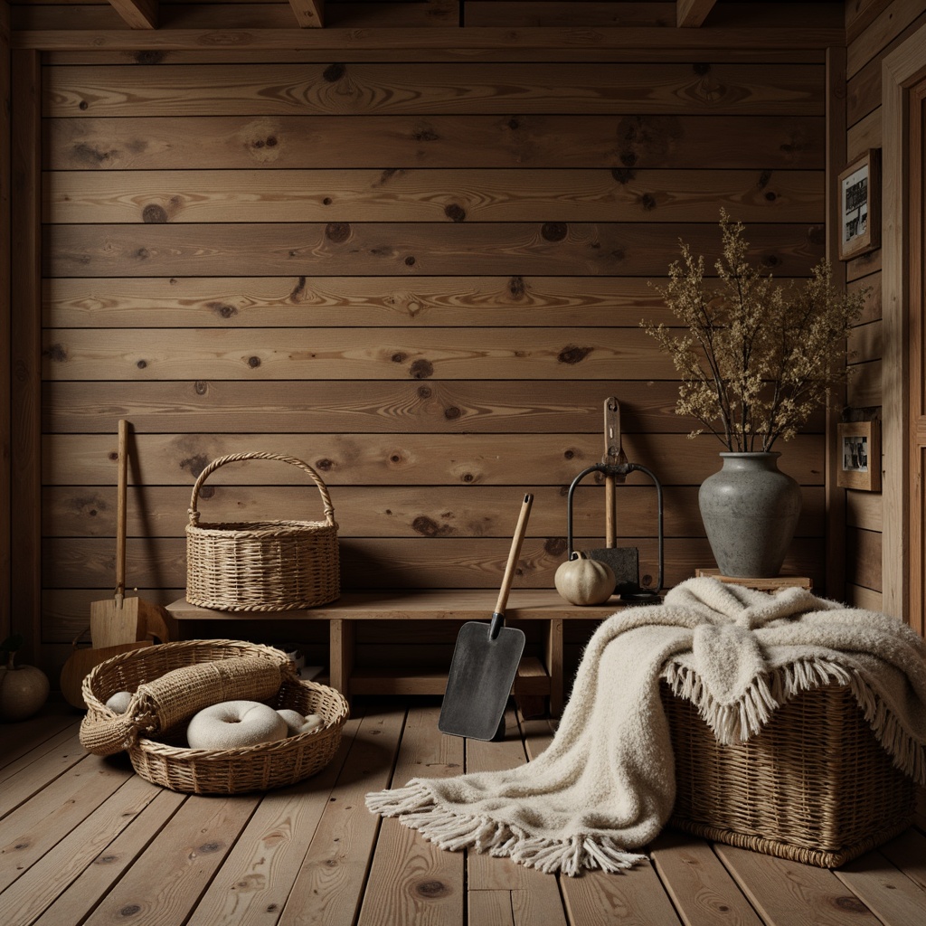 Prompt: Rustic wooden planks, distressed finishes, vintage farm tools, earthy color palette, natural textiles, woven baskets, plush throw blankets, soft warm lighting, shallow depth of field, 1/1 composition, intimate close-up shots, realistic wood grain textures, ambient occlusion.