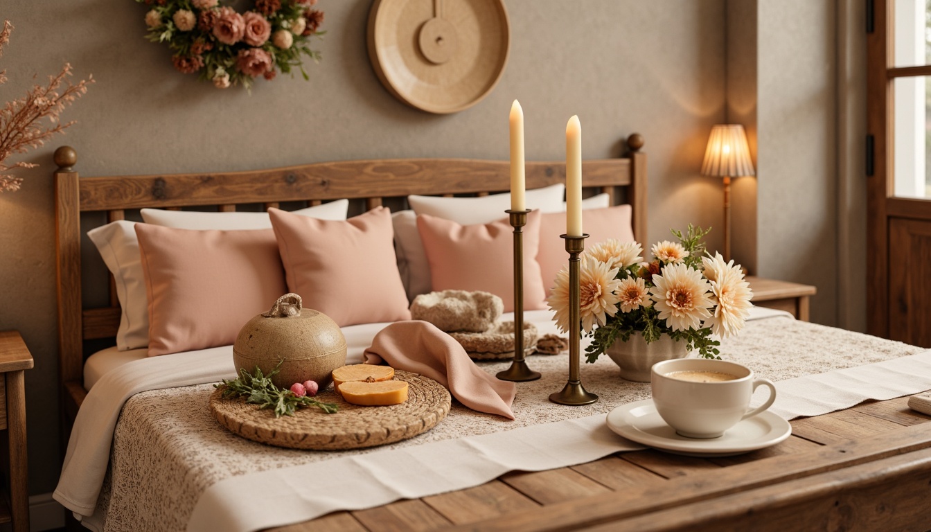 Prompt: Soft peach hues, warm beige tones, creamy whites, rich wood accents, natural stone textures, rustic metal details, whimsical floral patterns, delicate lace elements, vintage distressed finishes, romantic candlelight, dreamy shallow focus, 1/2 composition, intimate warm atmosphere, inviting cozy spaces, serene peaceful ambiance.