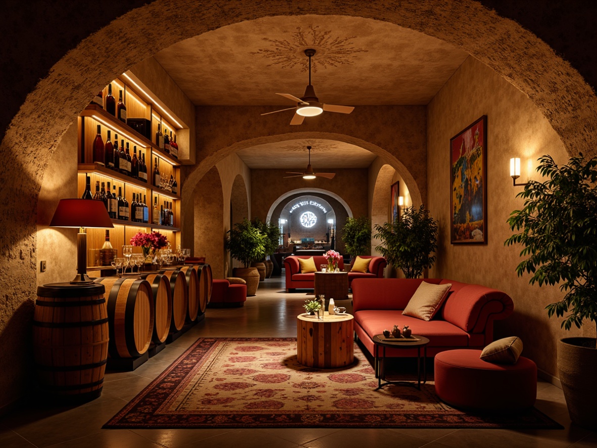 Prompt: Warm wine cellar atmosphere, rustic stone walls, wooden barrels, dimmable warm lighting, soft golden glow, cozy nooks, plush furnishings, rich wood tones, vintage wine crates, intimate seating areas, subtle candlelight, ambient shadows, dramatic ceiling height, luxurious textiles, earthy color palette, sophisticated wine displays, elegant glassware, atmospheric misting system, soft focus photography, 1/2 composition, shallow depth of field.