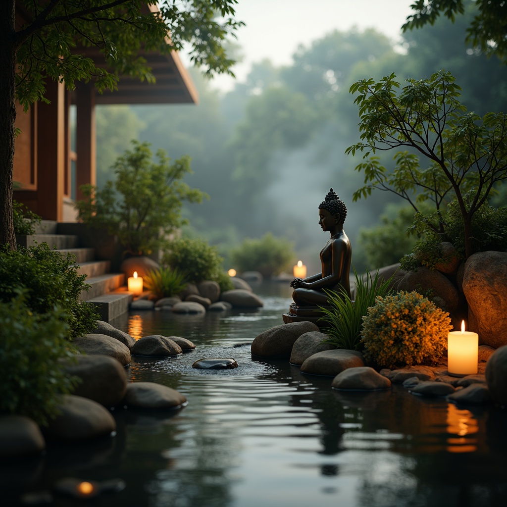 Prompt: Soft warm glow, candlelight ambiance, serene natural surroundings, lush greenery, calming water features, peaceful Buddha statues, minimalist decor, earthy tones, wooden accents, stone walls, gentle morning light, misty fog, atmospheric depth of field, 1/1 composition, intimate framing, softbox lighting, subtle shadows, warm color palette.