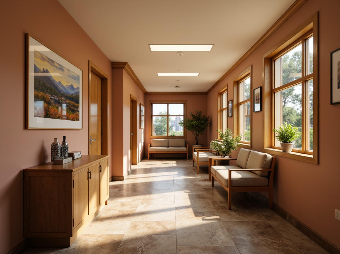 Prompt: Warm traditional hospital corridors, soft warm lighting, comfortable waiting areas, wooden furniture, natural stone floors, calming colors, gentle LED lighting, warm color temperatures, cozy nurse stations, relaxing patient rooms, peaceful artwork, soothing nature views, minimal shadows, diffused overhead lighting, 1/2 composition, realistic textures, ambient occlusion.