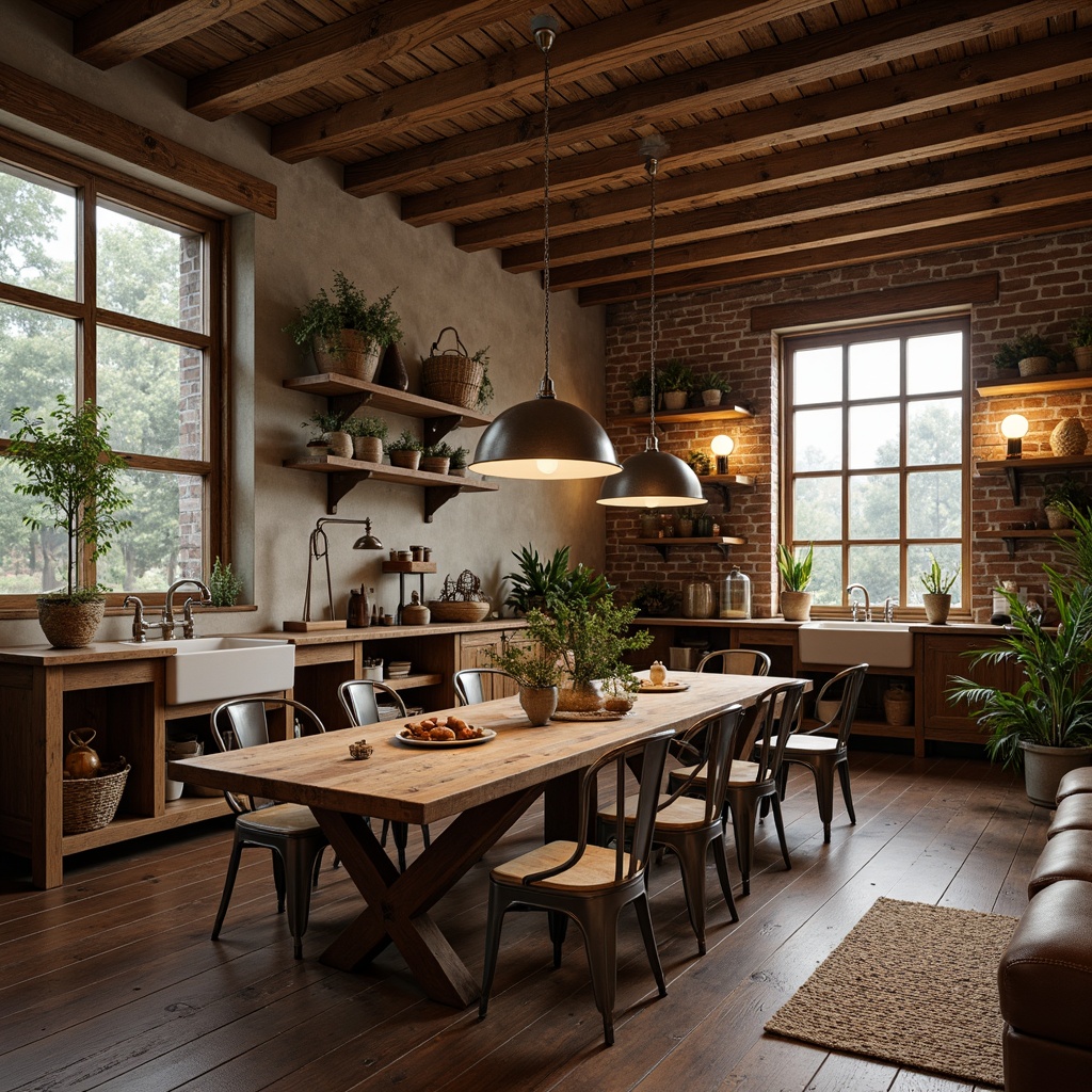 Prompt: Rustic wooden tables, vintage metal chairs, distressed leather sofas, natural fiber rugs, earthy color palette, reclaimed wood accents, exposed brick walls, farmhouse sinks, antique farm tools, woven baskets, potted greenery, soft warm lighting, shallow depth of field, 3/4 composition, cozy intimate atmosphere, realistic textures, ambient occlusion.