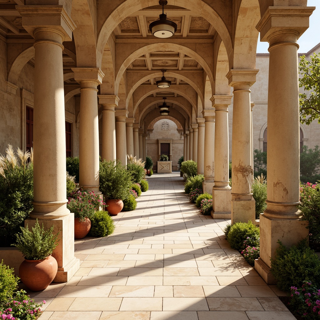 Prompt: Ancient amphitheater, timeless classicism style, warm beige stone walls, weathered travertine columns, soft cream marble flooring, rich terracotta pottery, ornate bronze fixtures, lush greenery, vibrant flowers, natural earth tones, muted rust hues, soft golden lighting, warm afternoon sun, shallow depth of field, 1/2 composition, symmetrical framing, realistic textures, ambient occlusion.