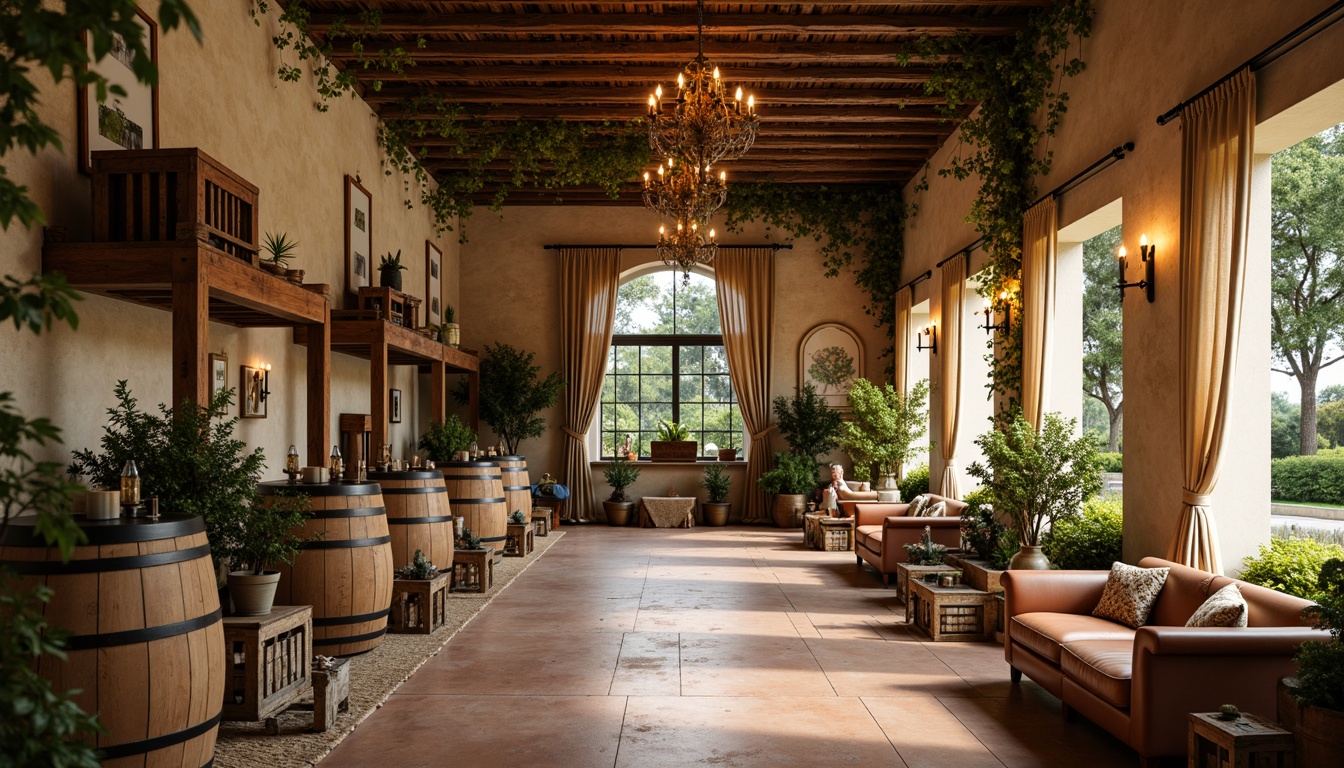 Prompt: Rustic winery setting, vintage wine barrels, distressed wooden crates, soft candlelight, warm beige tones, elegant chandeliers, lush green vines, antique furniture pieces, ornate metalwork, velvety drapes, floral patterns, pastel color palette, natural stone walls, earthy terracotta floors, charming archways, whimsical garden ornaments, delicate lace trimmings, distressed leather armchairs, soft warm lighting, shallow depth of field, 1/2 composition, romantic atmosphere.