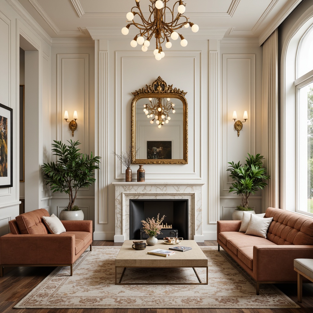 Prompt: Luxurious living room, marble accents, creamy white walls, sleek modern furniture, polished metal legs, tufted velvet sofas, ornate gold frames, lavish chandeliers, rich wood flooring, subtle patterned rugs, sophisticated color palette, soft warm lighting, shallow depth of field, 1/2 composition, realistic textures, ambient occlusion.