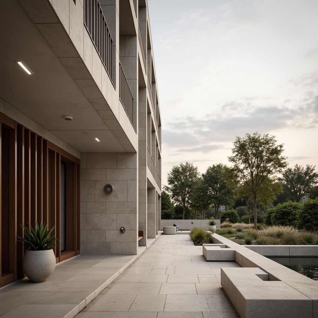 Prompt: Solemn memorial center, muted earth tones, weathered stone walls, subtle gradient skies, gentle natural light, soft beige floors, polished dark wood accents, elegant silver fixtures, solemn atmosphere, respectful ambiance, calm water features, serene landscaping, minimalist modern architecture, simple clean lines, restrained ornateness, subdued color scheme, somber mood, contemplative spaces.