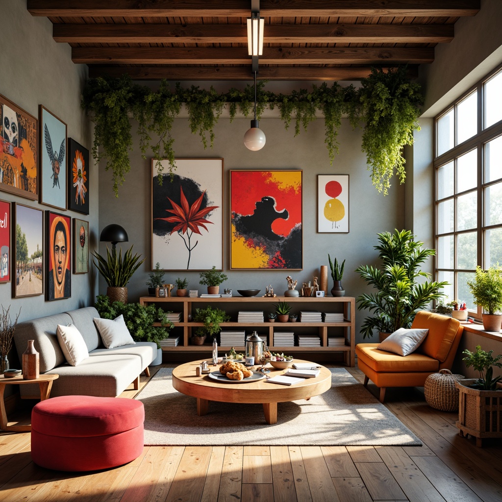 Prompt: Vibrant art studio, eclectic furniture, bold brushstrokes, abstract canvases, artistic supplies, colorful palettes, harmonious hues, contrasting textures, modern interior design, sleek wooden floors, natural light pouring in, soft warm ambiance, atmospheric lighting, shallow depth of field, 1/1 composition, realistic rendering, ambient occlusion.