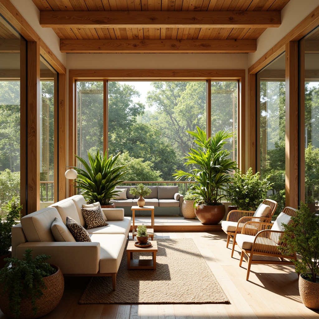 Prompt: Vibrant sunroom, abundant natural light, large windows, sliding glass doors, wooden accents, organic textures, mid-century modern furniture, geometric patterns, earthy color palette, lush greenery, tropical plants, rattan decor, warm beige tones, soft cream hues, cozy reading nooks, plush throw pillows, minimalist decor, functional simplicity, airy atmosphere, relaxed ambiance, sunny afternoon, gentle shadows, 1/1 composition, shallow depth of field.