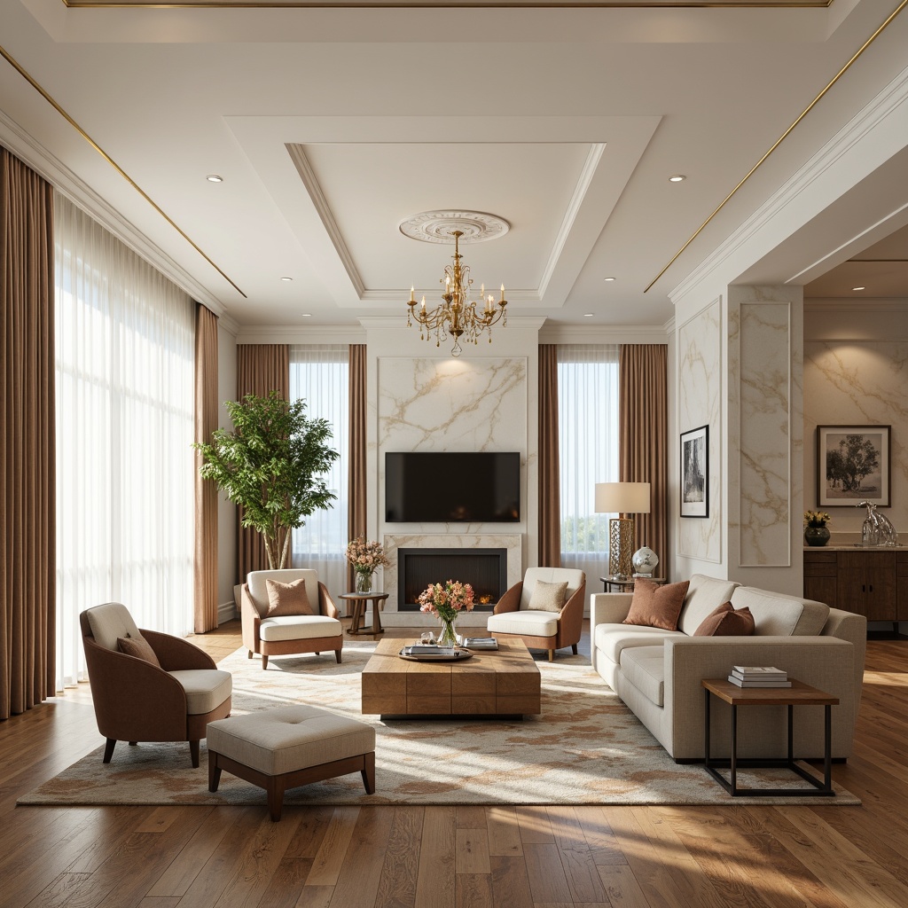 Prompt: Luxurious living room, elegant marble accents, creamy white walls, rich wood flooring, ornate furniture, velvet upholstery, golden lighting fixtures, sophisticated ambiance, modern interior design, sleek lines, minimal ornamentation, spacious open layout, natural light pouring in, soft warm glow, subtle shadows, 1/2 composition, high-end textures, detailed normal maps.