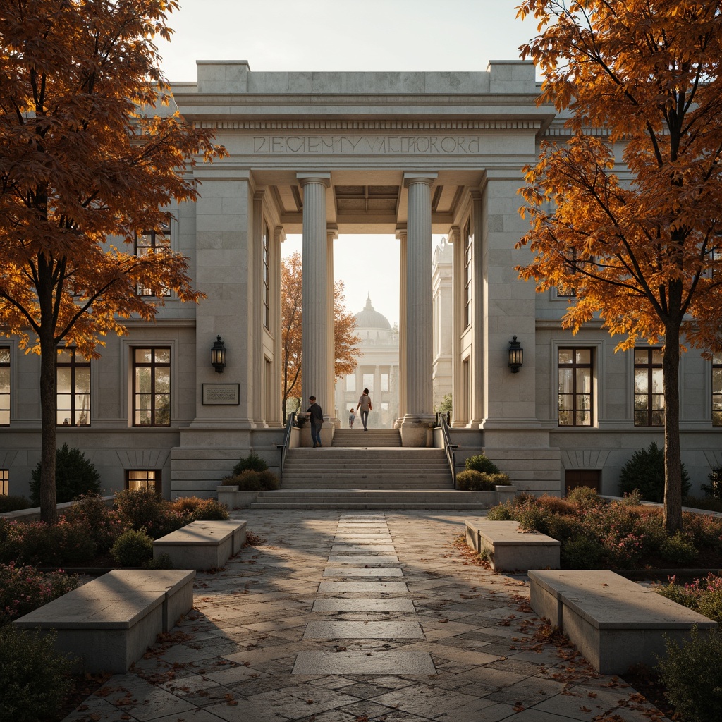 Prompt: Elegant memorial center, neoclassical columns, marble cladding, ornate capitals, symmetrical facade, grand entrance, sweeping staircases, vaulted ceilings, intricate moldings, solemn ambiance, subtle lighting, misty atmosphere, autumnal foliage, rustic stone pathways, serene water features, contemplative seating areas, historic significance, dignified monuments, monumental sculptures, panoramic views, 1/2 composition, shallow depth of field, warm golden lighting.