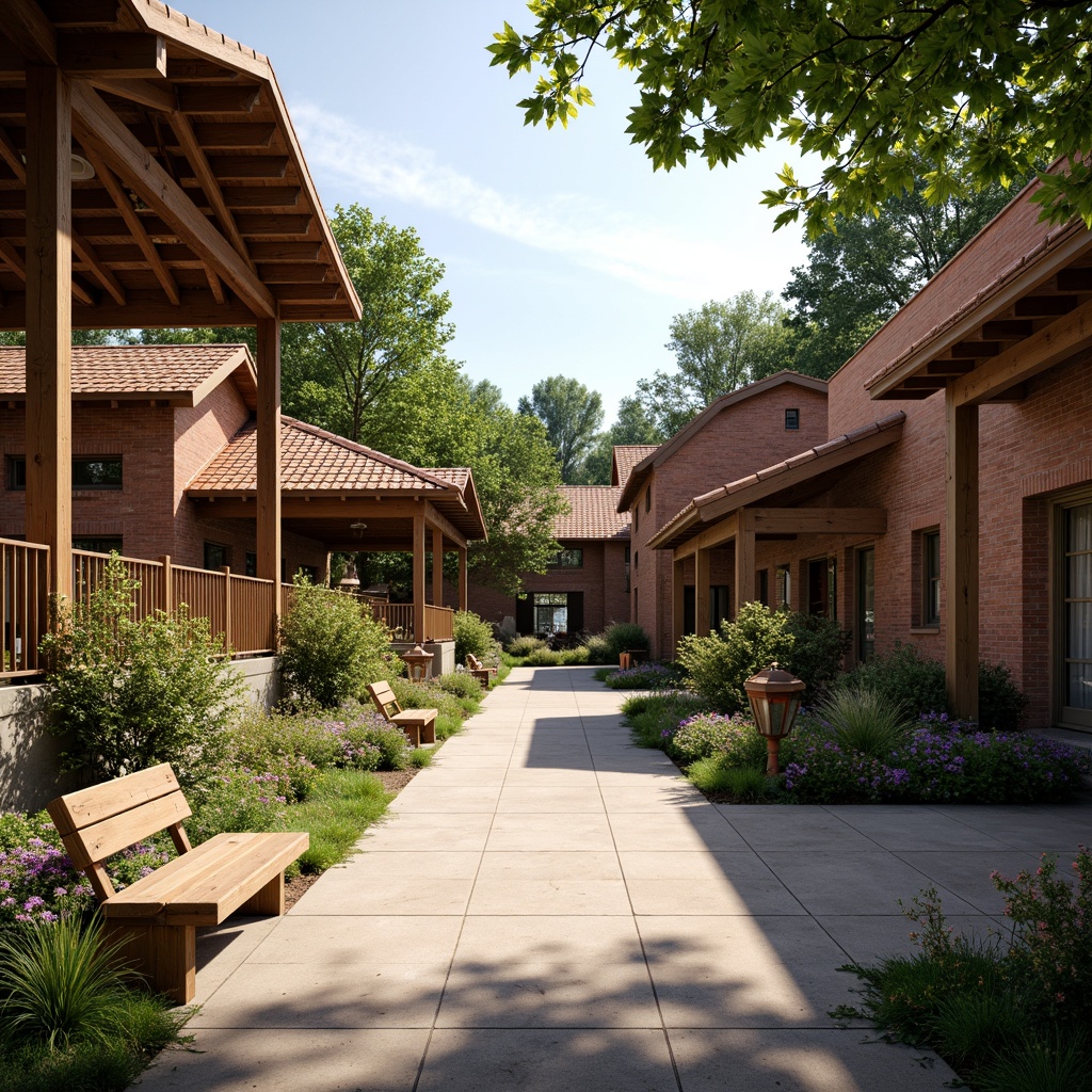 Prompt: Rustic campus courtyard, lush greenery, blooming flowers, wooden benches, ornate lanterns, brick buildings, craftsman-style architecture, clay-tiled roofs, wooden trusses, exposed rafters, natural stone walls, earthy color palette, warm sunny day, soft diffused lighting, shallow depth of field, 3/4 composition, panoramic view, realistic textures, ambient occlusion.