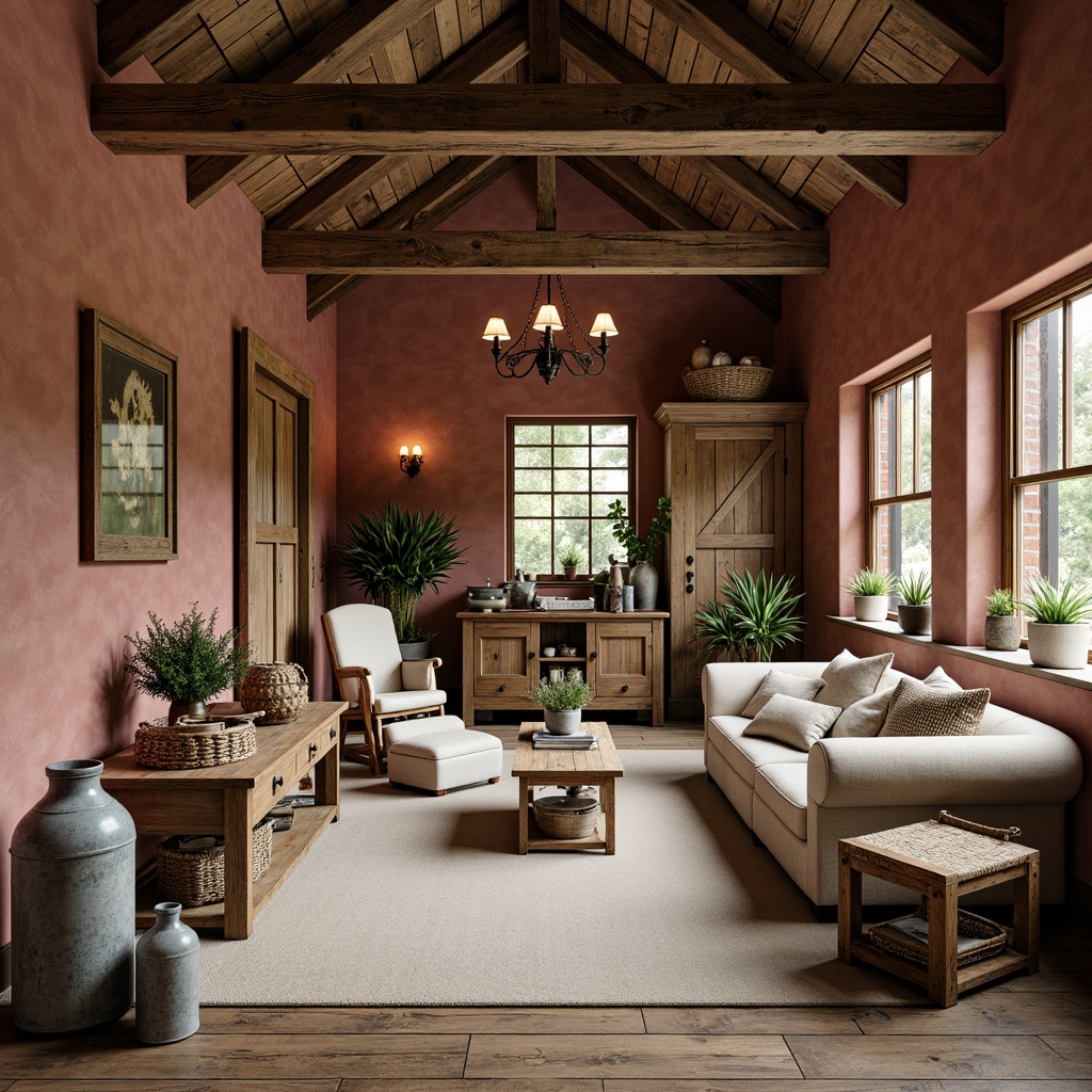 Prompt: Rustic farmhouse, vintage decor, distressed wood accents, galvanized metal lanterns, natural linen fabrics, woven baskets, earthy color palette, brick red walls, wooden beam ceilings, reclaimed barn doors, antique furniture pieces, soft warm lighting, shallow depth of field, 3/4 composition, panoramic view, realistic textures, ambient occlusion.