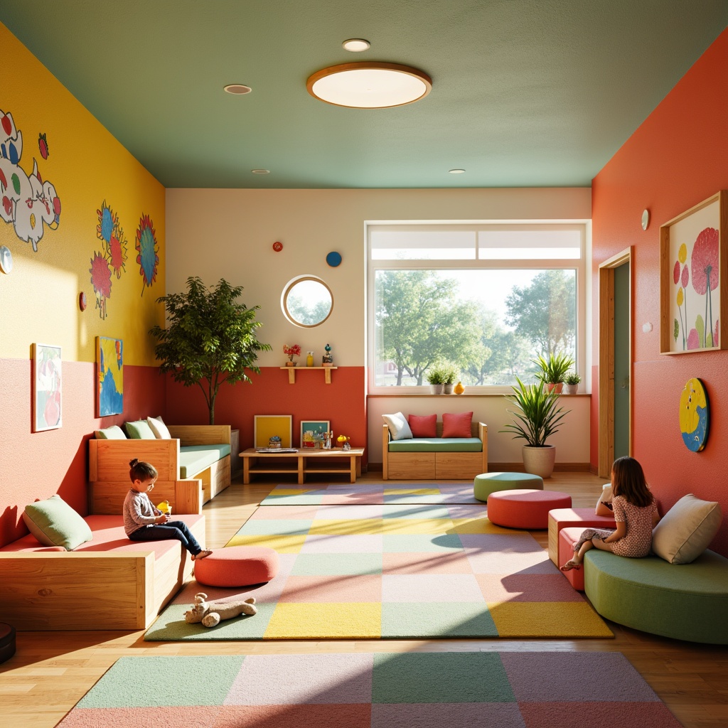 Prompt: Vibrant kindergarten interior, playful rounded shapes, bright primary colors, soft pastel hues, whimsical illustrations, educational wall murals, colorful rug patterns, sturdy wooden furniture, cushioned reading nooks, interactive play areas, sensory stimulation zones, natural light pouring in, warm cozy ambiance, gentle gradient transitions, 1/2 composition, shallow depth of field, realistic textures, ambient occlusion.