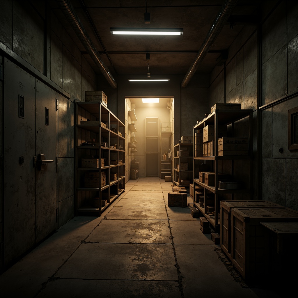 Prompt: Dimly lit storage room, distressed concrete walls, exposed ductwork, metal shelving units, old wooden crates, mysterious shadows, dramatic spotlighting, warm golden lighting, eerie ambiance, abandoned atmosphere, rusty metal doors, worn-out flooring, decaying textures, high contrast ratio, strong chiaroscuro, cinematic composition, low-key lighting, intense focal points, atmospheric fog effects.