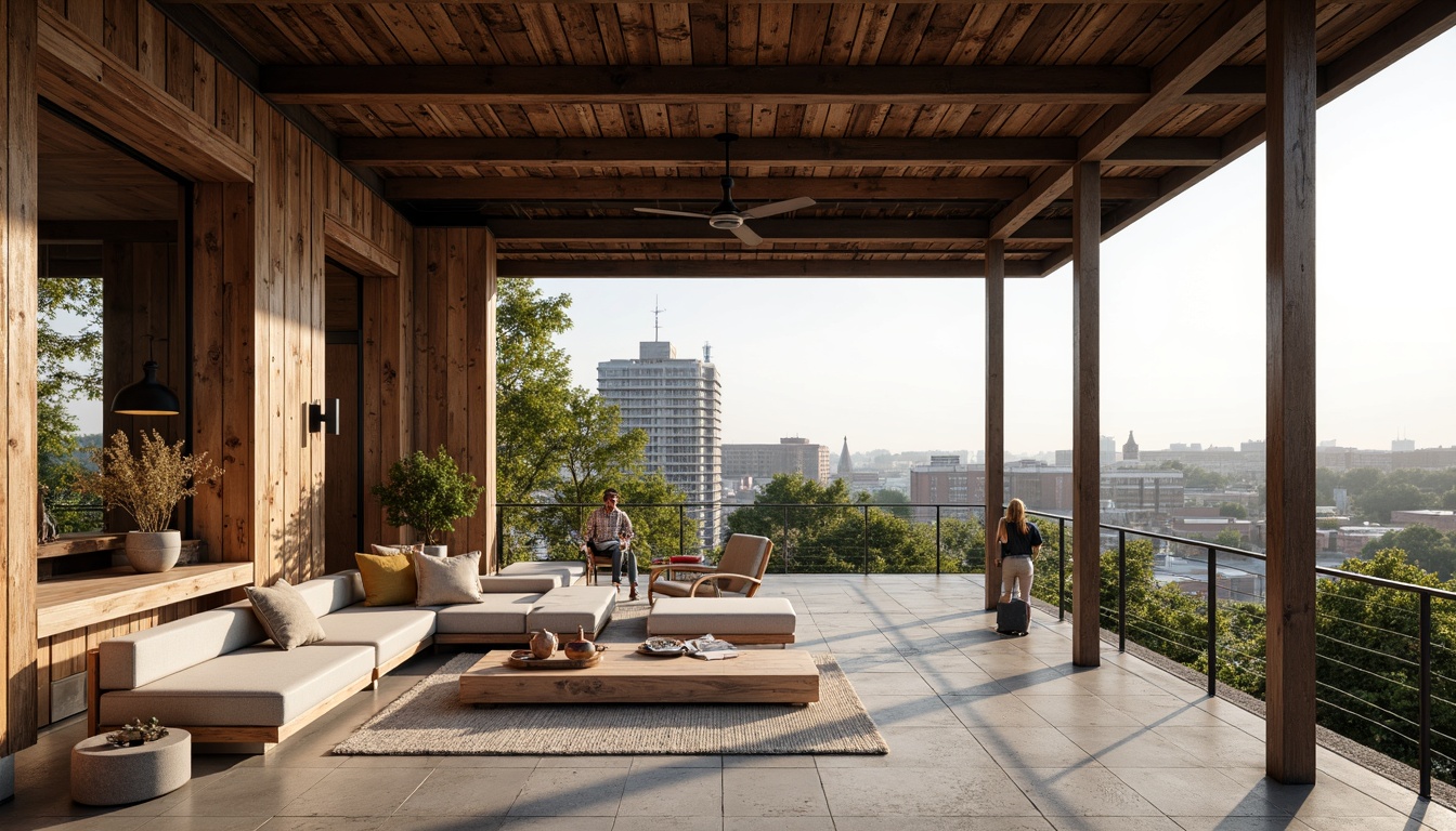 Prompt: Rustic pavilion, exposed wooden beams, industrial metal frames, reclaimed wood accents, earthy tones, natural stone flooring, minimalist decor, abundant natural light, high ceilings, urban landscape views, cityscape backdrop, modern industrial chic, steel columns, concrete foundations, polished metal details, distressed wood textures, warm ambient lighting, shallow depth of field, 2/3 composition, panoramic view.