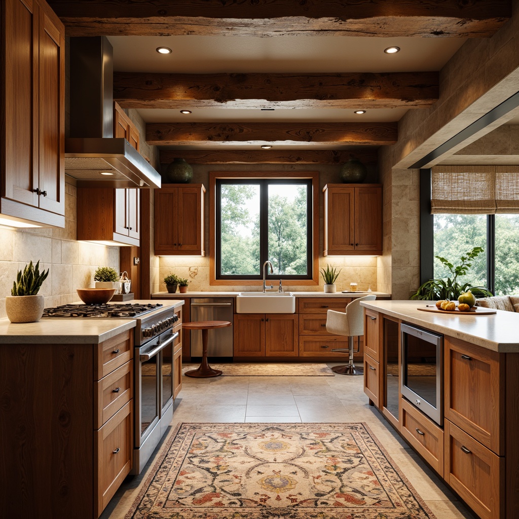 Prompt: Luxurious kitchen, rich wood tones, polished chrome hardware, soft-close drawers, ample storage spaces, marble countertops, warm ambient lighting, natural stone backsplashes, rustic wooden beams, earthy color palette, cozy seating areas, plush rugs, modern appliances, sleek faucet designs, geometric tile patterns, inviting breakfast nooks, warm neutral colors, shallow depth of field, 1/1 composition, realistic textures.