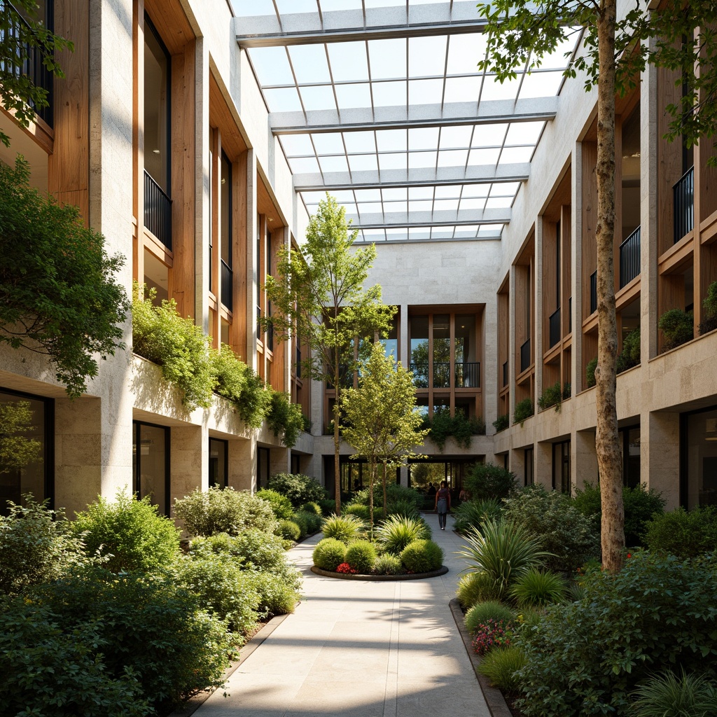 Prompt: Vibrant atrium, lush greenery, natural stone walls, wooden accents, floor-to-ceiling windows, clerestory windows, skylights, transparent glass roofs, open-plan interior, minimalist decor, earthy color palette, warm beige tones, soft diffused lighting, gentle shadows, 1/1 composition, shallow depth of field, realistic textures, ambient occlusion.