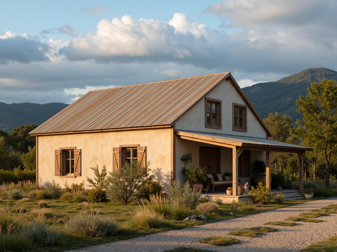 Prompt: Rustic farmhouse, vintage charm, earthy tones, warm beige walls, weathered wood accents, soft sage greenery, distressed metal roofs, natural stone foundations, rolling hills, serene countryside, cloudy blue skies, warm golden lighting, shallow depth of field, 1/2 composition, realistic textures, ambient occlusion.