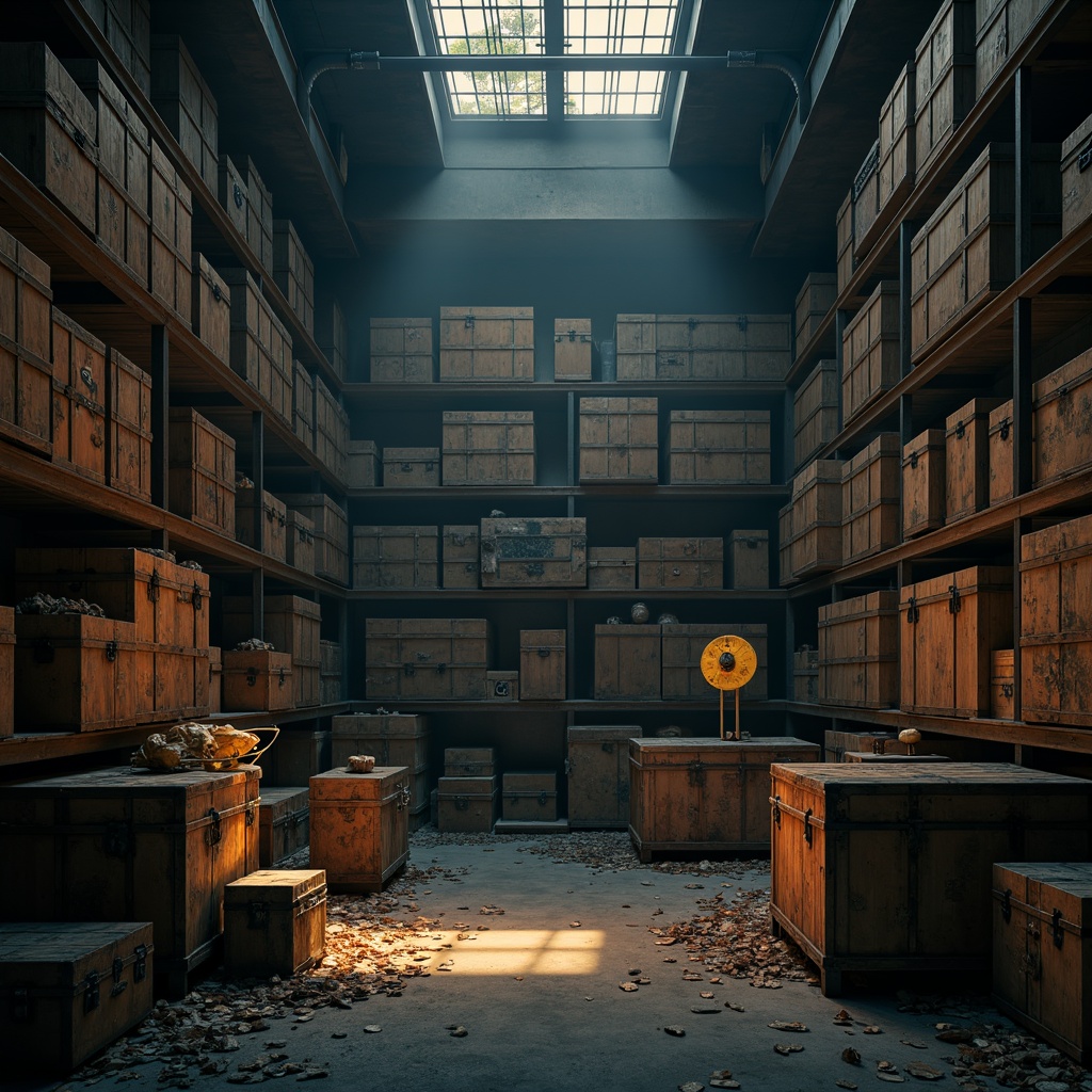 Prompt: Moody storage room, distressed wooden crates, vintage metal trunks, rusty industrial pipes, faded denim blues, muted earthy tones, warm golden lighting, soft shadows, atmospheric mist, cinematic composition, dramatic high contrast, bold brushstroke textures, abstract expressionist patterns.