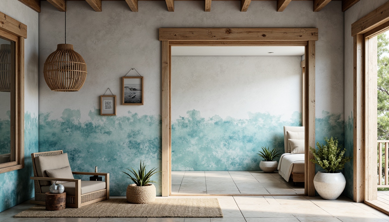 Prompt: Driftwood-gray walls, beachy textures, ocean-inspired colors, calming blues and whites, natural stone accents, weathered wood trim, sandy beige flooring, sea-glass tiles, nautical ropes, distressed finishes, rustic metal decorations, soft warm lighting, shallow depth of field, 3/4 composition, panoramic view, realistic textures, ambient occlusion.