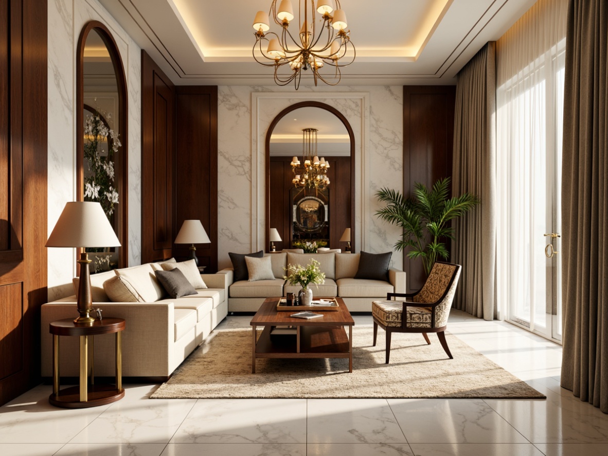 Prompt: Luxurious living room, marble accent walls, creamy white floors, elegant furnishings, ornate mirrors, lavish chandeliers, velvet drapes, rich wood tones, sophisticated color palette, warm golden lighting, shallow depth of field, 1/1 composition, realistic textures, ambient occlusion, high-end decor, opulent atmosphere, luxurious fabrics, refined details.