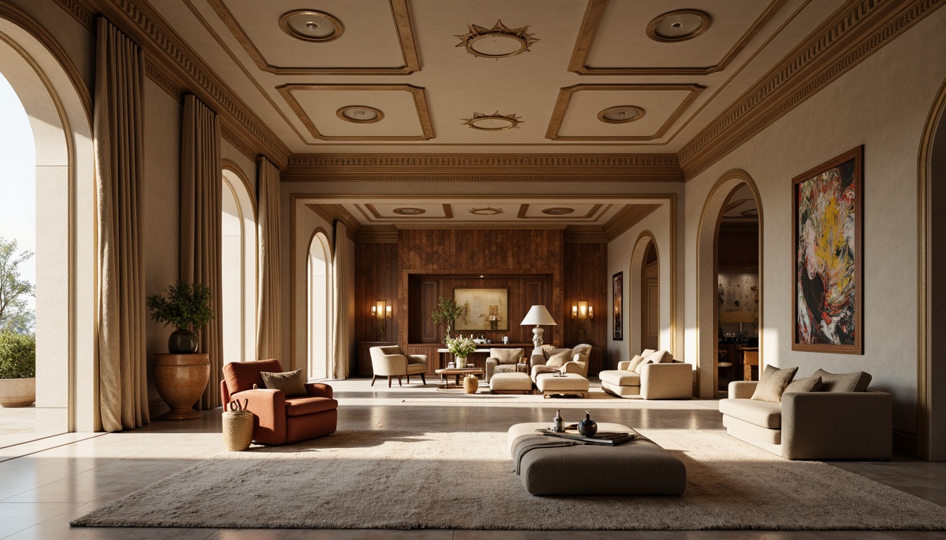 Prompt: Luxurious living room, sweeping curved lines, elegant archways, ornate plasterwork, polished marble floors, velvet upholstery, rich wood accents, flowing drapery, statement lighting fixtures, soft warm glow, cozy intimate atmosphere, plush area rugs, rounded furniture silhouettes, decorative metal inlays, subtle patterns, calming color palette, natural materials, organic shapes, 1/1 composition, shallow depth of field, warm golden lighting.