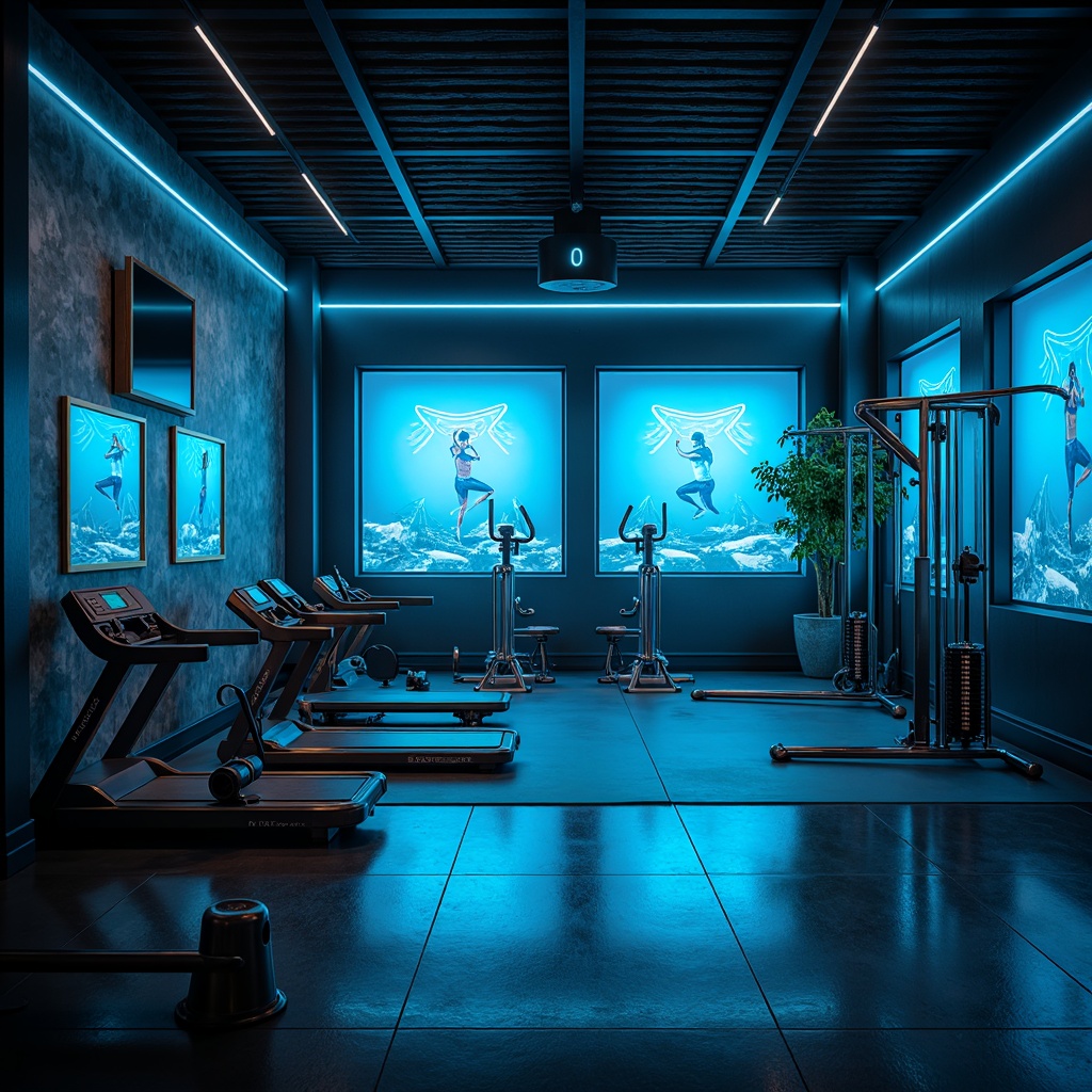 Prompt: Futuristic home gym, sleek metal equipment, neon-lit walls, glowing LED lights, dark reflective floors, minimalist decor, angular lines, high-tech gadgets, virtual fitness mirrors, holographic workout projections, ambient occlusion, misty atmosphere, soft blue glow, 3/4 composition, shallow depth of field, panoramic view, realistic textures.