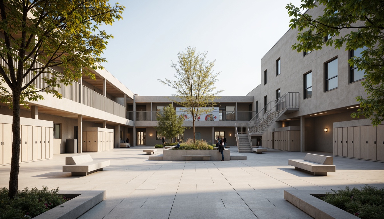 Prompt: Minimalist high school, open courtyard, sleek benches, clean lines, abundant natural light, polished concrete floors, industrial metal stairs, simple signage, functional lockers, modern LED lighting, sparse greenery, geometric-shaped planters, calm atmosphere, soft warm tones, shallow depth of field, 3/4 composition, panoramic view, realistic textures, ambient occlusion.