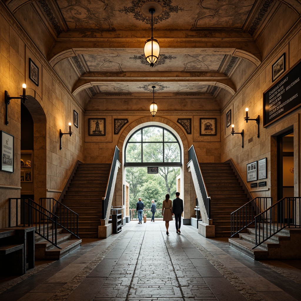 Prompt: Rustic metro station, distressed stone walls, earthy tone tiles, ornate metal railings, vintage lanterns, grand archways, curved staircases, decorative ironwork, soft warm lighting, rich wood accents, classic country-style signage, elegant ceramic murals, subtle texture overlays, realistic ambient occlusion, shallow depth of field, 1/2 composition, atmospheric misting effects.