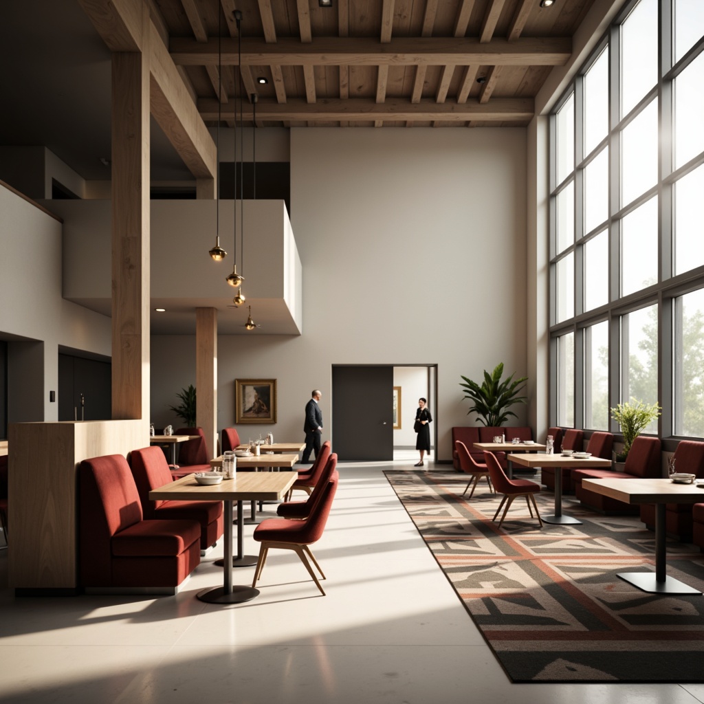 Prompt: Modern dining hall, sleek minimalist tables, elegant curved chairs, luxurious velvet upholstery, metallic leg accents, pendant light fixtures, geometric patterned rugs, neutral color palette, high ceilings, large windows, natural light pouring in, soft warm ambiance, 1/1 composition, shallow depth of field, realistic textures, ambient occlusion.