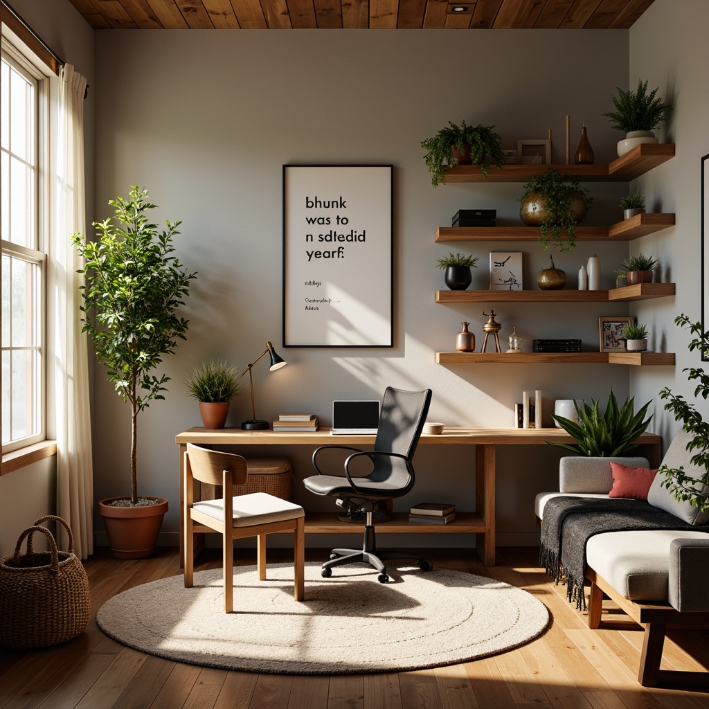 Prompt: Cozy home office, sound-absorbing acoustic panels, wooden desk, ergonomic chair, natural textiles, calming colors, warm lighting, minimal decor, inspirational quotes, noise-reducing rugs, plants on shelves, acoustic foam, diffused light, 1/1 composition, intimate atmosphere, realistic wood textures, soft shadows.