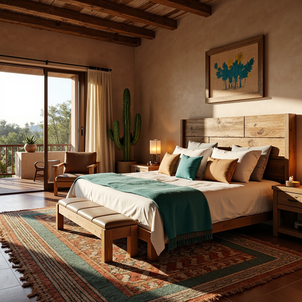 Prompt: Southwestern bedroom, earthy tone, rustic wooden furniture, woven textiles, vibrant turquoise accents, geometric patterns, natural fiber rugs, distressed leather armchair, reclaimed wood headboard, desert-inspired wall art, warm candle lighting, cozy throw blankets, cactus-shaped decorative pieces, adobe-style architecture, arid landscape views, bright sunny day, shallow depth of field, 1/2 composition, soft warm lighting.