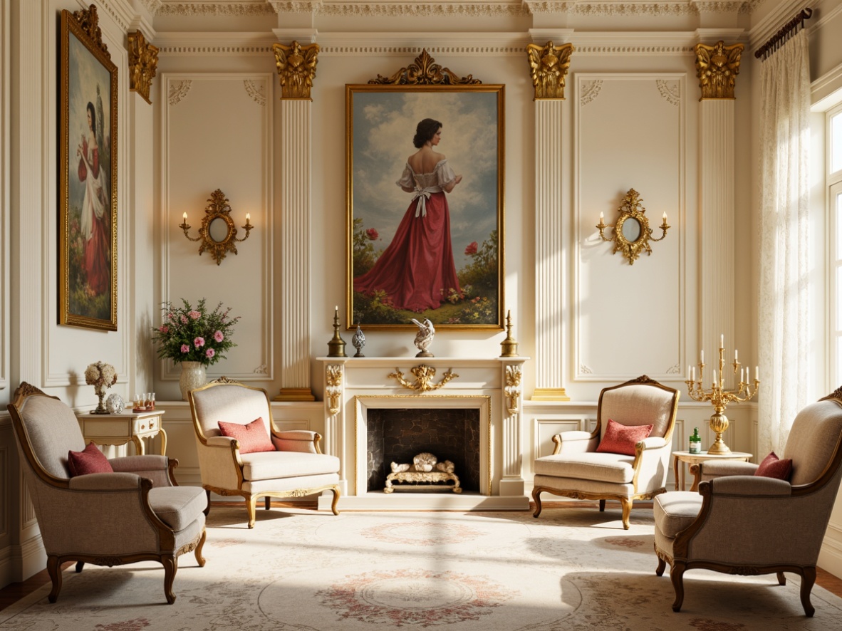 Prompt: Luxurious interior, ornate furnishings, soft cream walls, pale gold accents, rich velvet fabrics, delicate lace details, intricate wood carvings, pastel-hued portraits, whimsical floral patterns, elegant candelabras, warm golden lighting, subtle gradient effects, 1/1 composition, shallow depth of field, realistic textures, ambient occlusion.