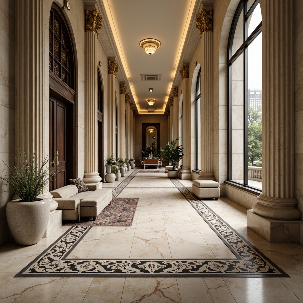 Prompt: Elegant neoclassical interior, richly patterned marble flooring, creamy white and dark grey veins, polished high-gloss finish, ornate inlays, intricate borders, luxurious area rugs, soft warm lighting, classic column architecture, ornamental moldings, stately furnishings, neutral color palette, subtle texture contrasts, sophisticated ambiance, 1/1 composition, dramatic chiaroscuro.