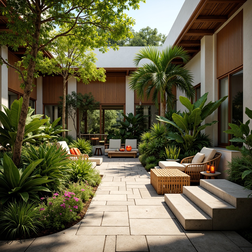 Prompt: Lush tropical gardens, vibrant floral arrangements, natural stone flooring, wooden decks, rattan furniture, exotic plants, colorful tiki torches, warm sunny day, soft diffused lighting, shallow depth of field, 1/2 composition, intimate courtyard views, realistic textures, ambient occlusion, open-air pavilions, minimalist decor, eco-friendly materials, sustainable design elements, breezy outdoor spaces, tropical-inspired patterns, woven textiles, natural ventilation systems.