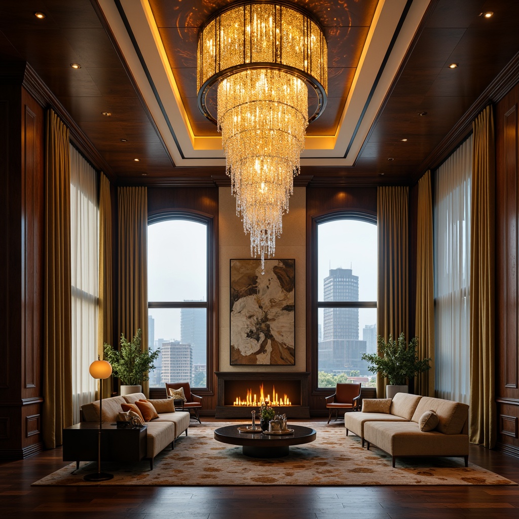 Prompt: Elegant chandelier, ornate metalwork, warm golden lighting, soft glowing ambiance, luxurious fabrics, opulent furnishings, refined wood accents, sophisticated color palette, upscale residential interior, high-end decor, lavish drapery, floor-to-ceiling windows, panoramic city views, dramatic vertical lines, rich textures, atmospheric misting, subtle color grading, cinematic camera angles, shallow depth of field.