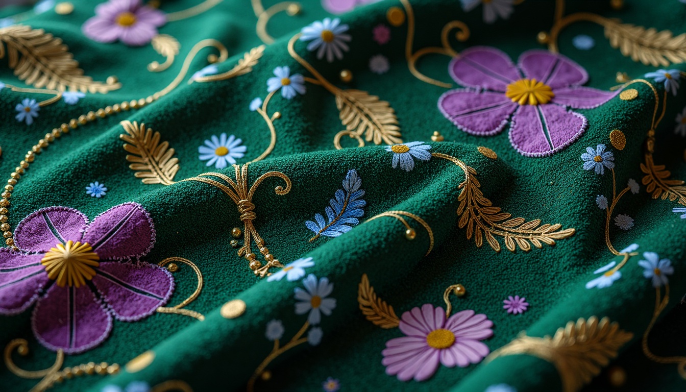 Prompt: Intricate floral patterns, curvilinear shapes, organic forms, luxurious fabrics, velvet textures, rich jewel tones, emerald green, sapphire blue, amethyst purple, ornate metal embroidery, beaded lace trimmings, flowing drapery, sinuous lines, botanical motifs, whimsical illustrations, dreamy landscapes, soft warm lighting, shallow depth of field, 1/1 composition, intimate close-up shots, realistic textures, ambient occlusion.