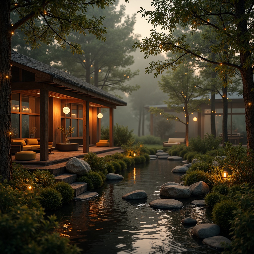 Prompt: Mystical forest, twinkling fireflies, soft misty atmosphere, warm golden lighting, lantern-style lamps, rustic wooden textures, earthy tones, moss-covered stones, serene water features, gentle ripples, ambient Occlusion, cinematic depth of field, 1/2 composition, warm color palette, subtle contrast, cozy reading nooks, plush furnishings, nature-inspired decor.