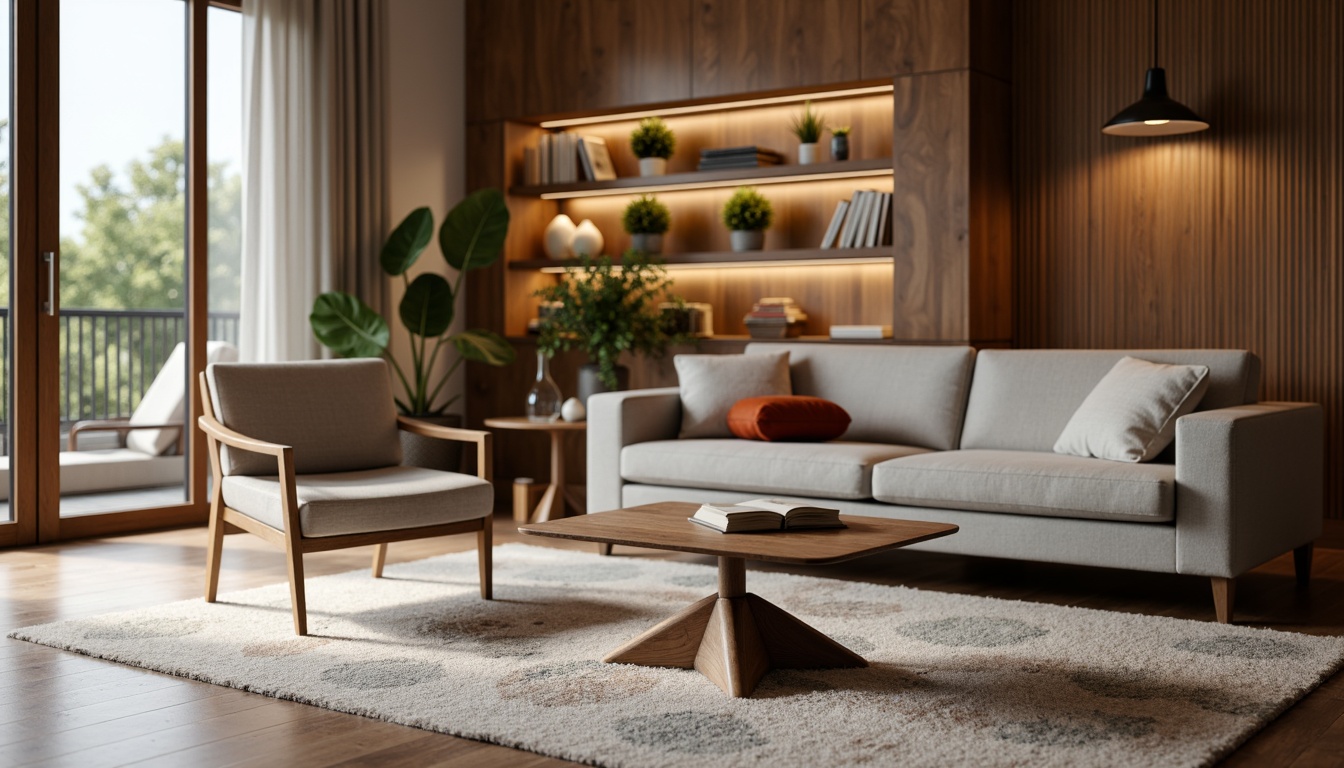 Prompt: Tulip table, walnut wood, tapered legs, linen upholstery, button-tufted sofa, geometric patterned rug, floor-to-ceiling windows, natural light, minimalist decor, organic shapes, simple silhouettes, rich textures, earthy color palette, 1960s-inspired aesthetic, retro-style lighting fixtures, wooden wall panels, plants on shelves, cozy reading nook, warm ambient lighting, soft focus, shallow depth of field, 1/2 composition, symmetrical arrangement.