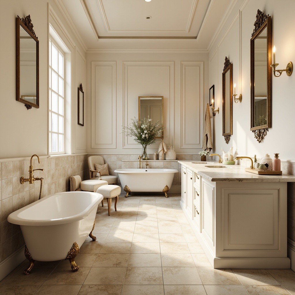 Prompt: Elegant freestanding tubs, soft ivory walls, warm beige floors, ornate gold fixtures, luxurious marble countertops, subtle cream cabinets, gentle natural light, serene ambiance, calming atmosphere, warm neutral tones, soft pastel hues, vintage decorative accents, distressed wood furniture, classic pedestal sinks, ornate mirrors, romantic candlelight, shallow depth of field, 1/1 composition, realistic textures, ambient occlusion.