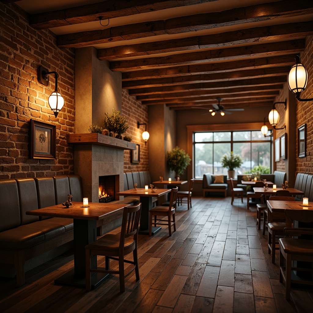 Prompt: Rustic farmhouse pub, warm and cozy atmosphere, vintage metal lanterns, distressed wood accents, earthy tone brick walls, natural stone fireplaces, dimmable pendant lights, candles in mercury glass holders, reclaimed wood beams, soft warm glow, layered lighting, 3/4 composition, shallow depth of field, realistic textures, ambient occlusion.