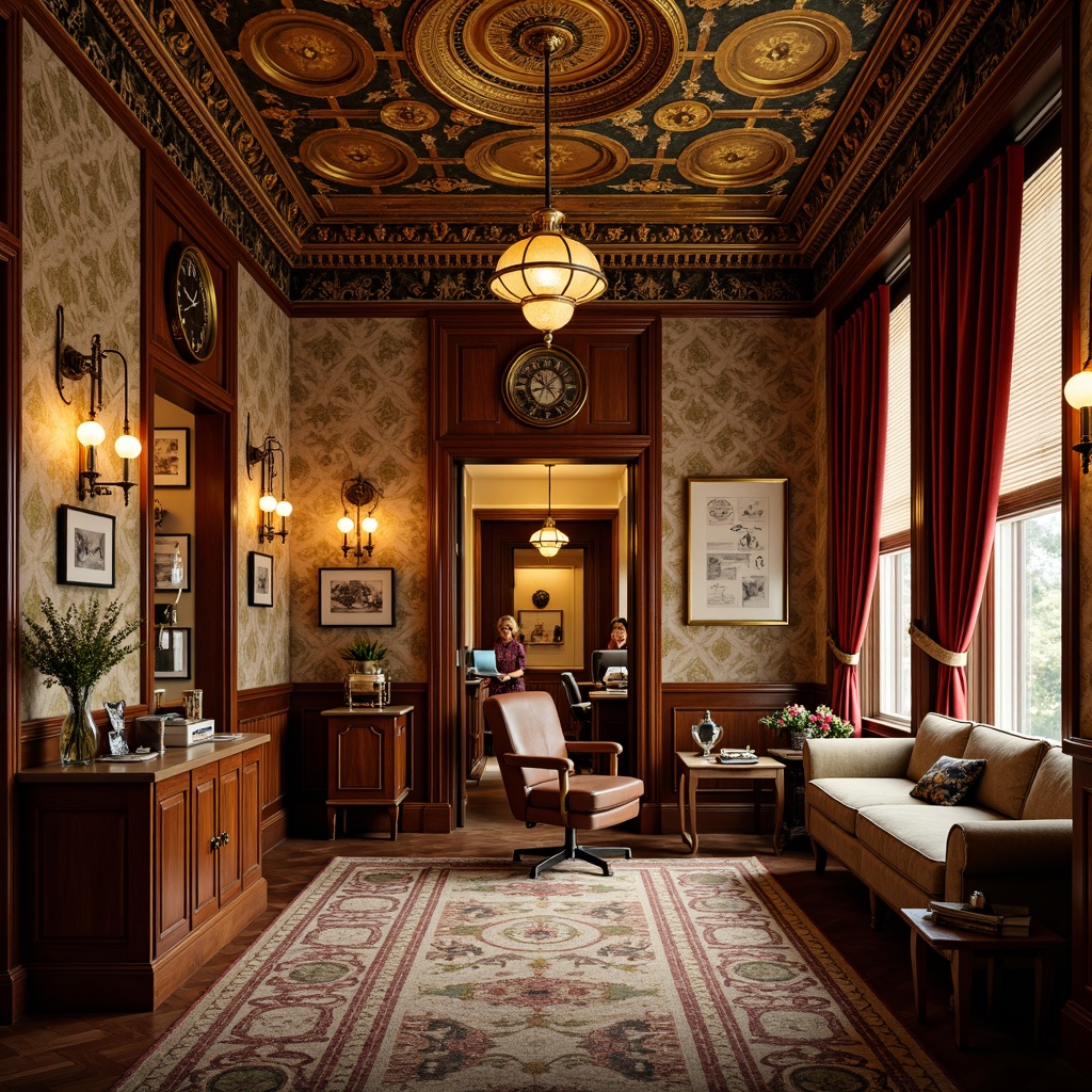 Prompt: Richly patterned wallpaper, ornate wainscoting, decorative ceiling medallions, intricately carved wooden paneling, warm golden lighting, plush velvet drapes, elegant crown molding, antique dental equipment displays, vintage medical illustrations, ornamental clocks, luxurious fabrics, rich wood tones, traditional Victorian architectural details, opulent chandeliers, soft warm color palette, shallow depth of field, 1/2 composition, realistic textures, ambient occlusion.