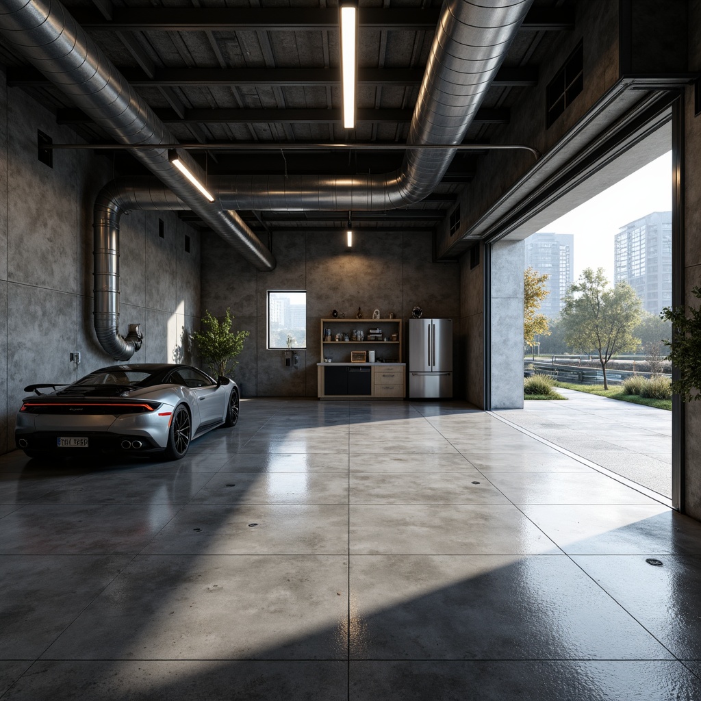 Prompt: Industrial-style garage, polished concrete floors, epoxy-coated surfaces, metallic accents, modern minimalist decor, sleek lines, functional layout, task lighting, durable materials, textured finishes, grey and silver tones, urban aesthetic, high-gloss reflections, 1/1 composition, dramatic shadows, realistic renderings.